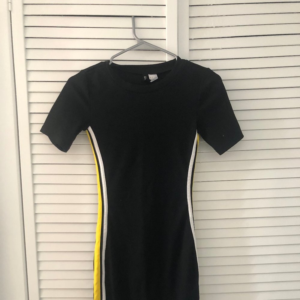 Black Midi style dress with yellow & white stripes